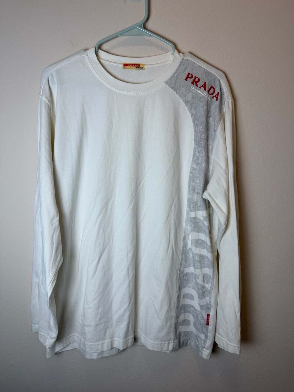 Prada White Long Sleeve T-Shirt with Mesh Accent and Logo